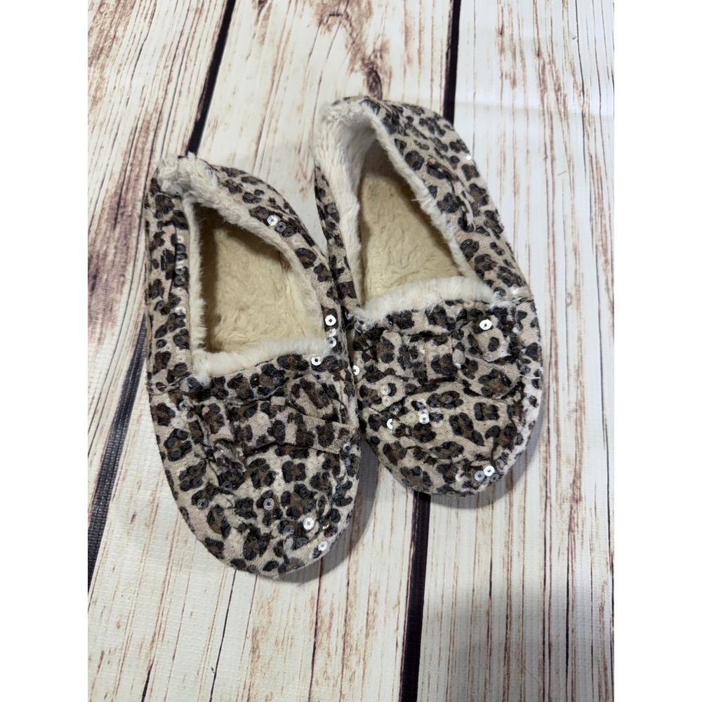 Girls Leopard Print Sequin Moccasin Slippers Faux Fur Lined Brown Tan Size 13/1
